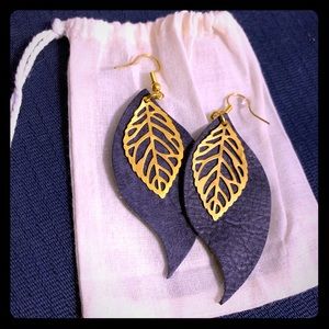 Epoca Boho Gold Leaf Navy Leather Earrings - NEW